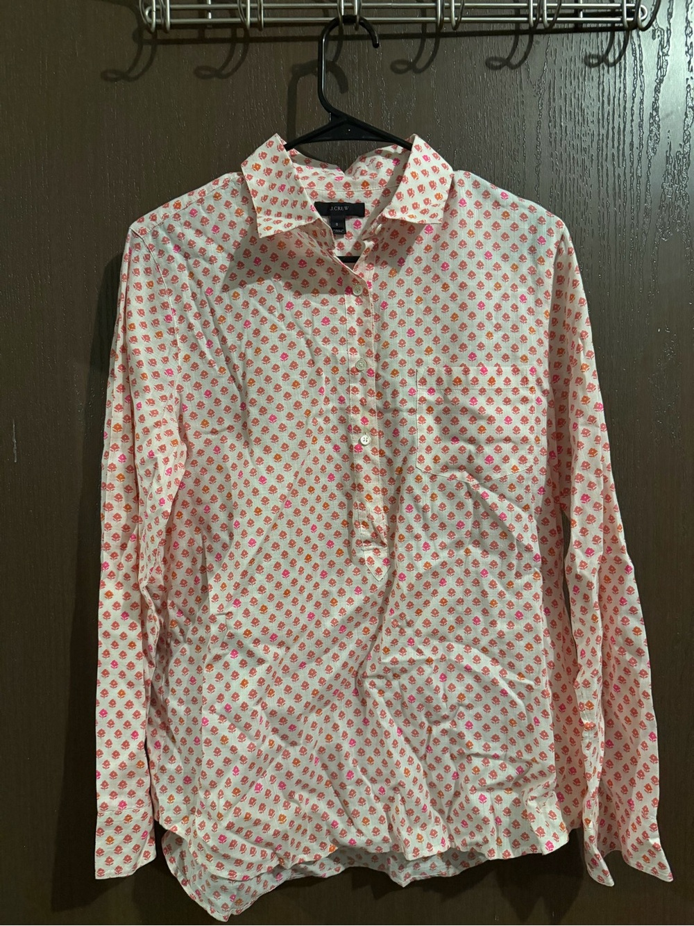 J. Crew White Button-Down Shirt with Pink Floral Print Size 8